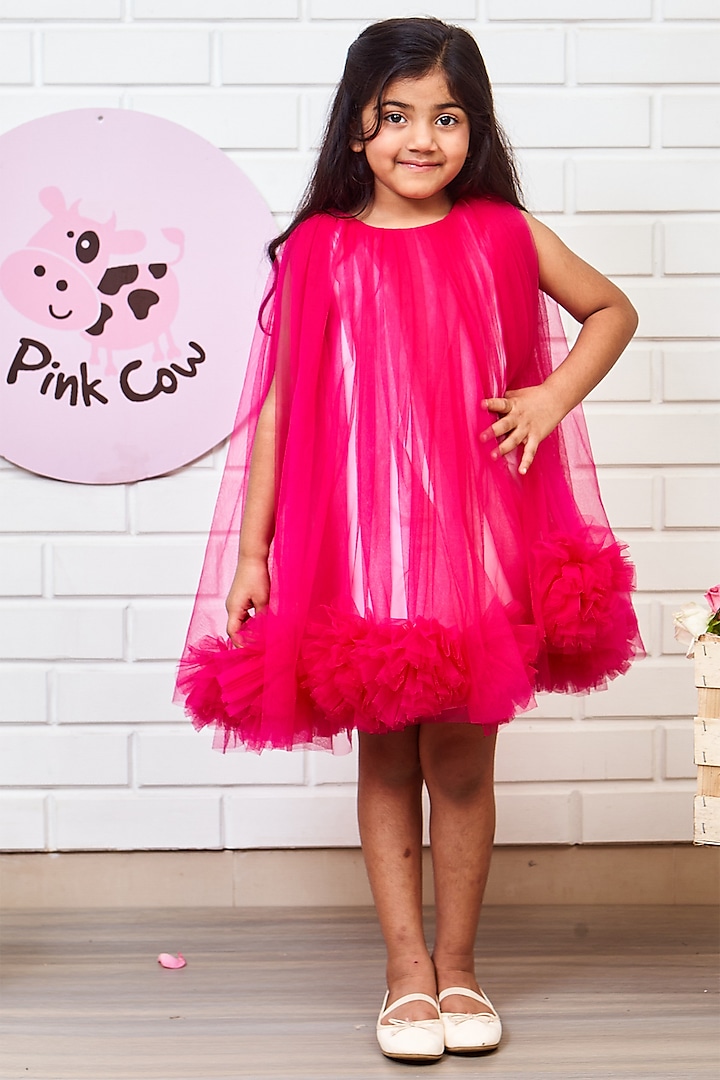 Hot Pink Neoprene & Net Layered Dress For Girls by Pink Cow
