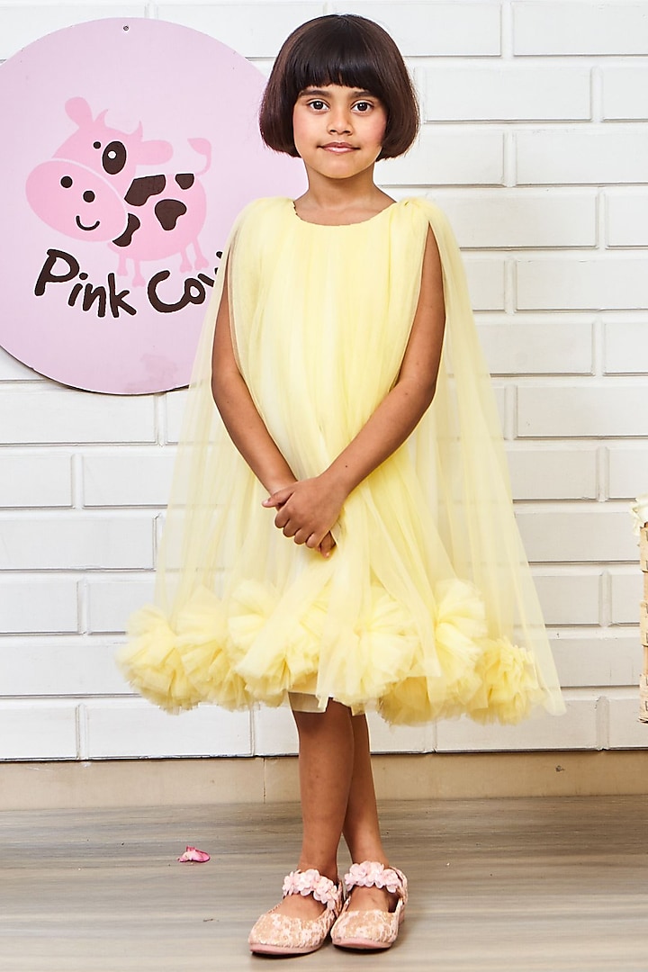 Yellow Neoprene & Net Layered Dress For Girls by Pink Cow