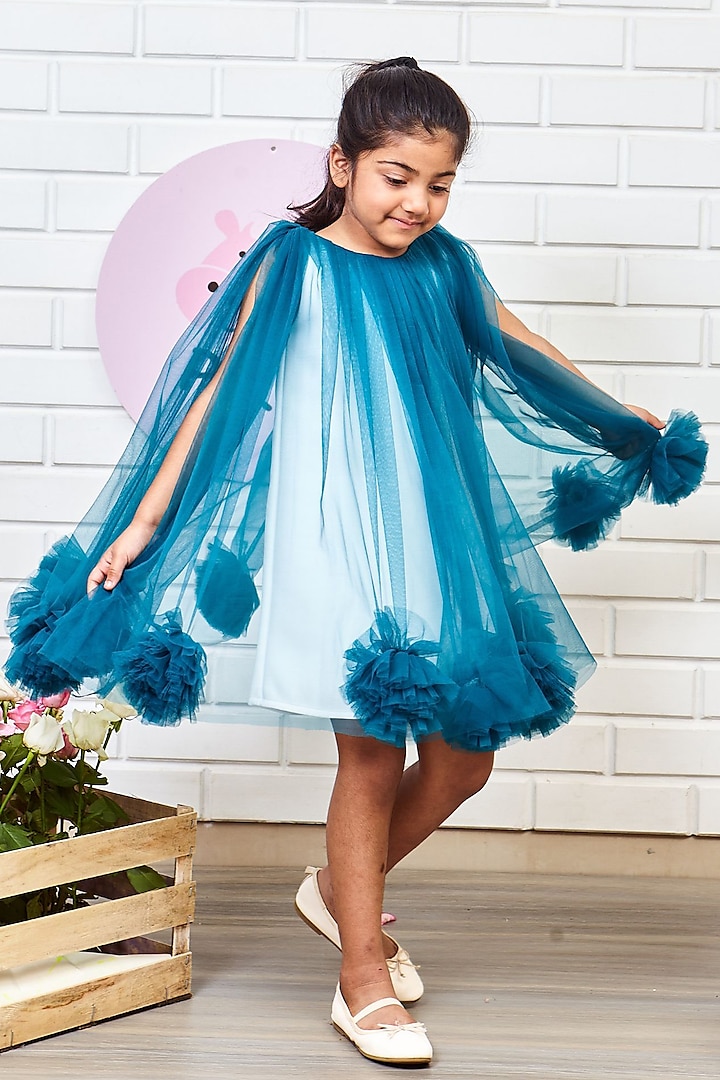 Blue Neoprene & Net Layered Dress For Girls by Pink Cow