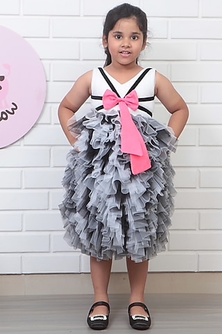 Black & White Net Ruffled Dress For Girls by Pink Cow