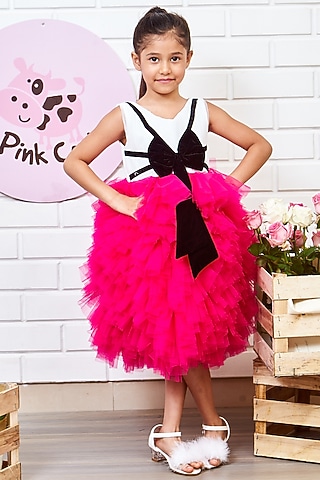 White & Pink Net Ruffled Dress For Girls by Pink Cow