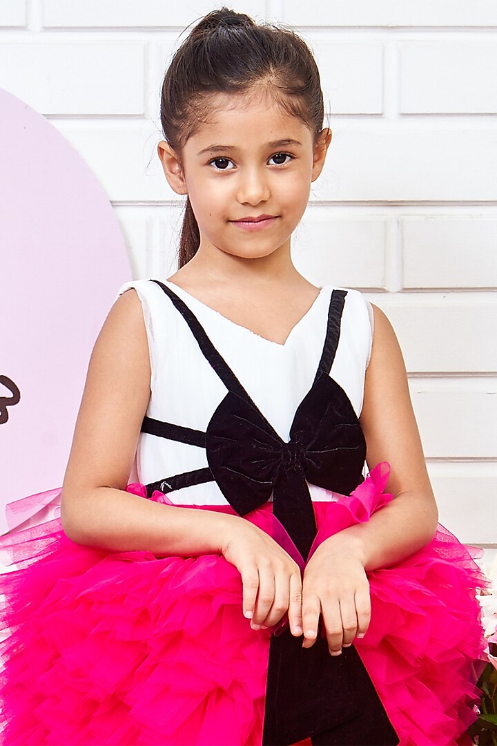 White & Pink Net Ruffled Dress For Girls by Pink Cow at Pernia's Pop Up Shop