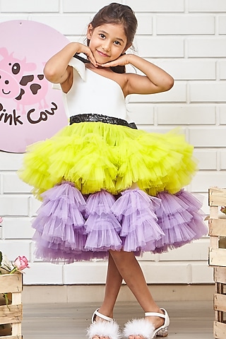 Multi-Colored Neoprene & Tulle One-Shoulder Dress For Girls by Pink Cow