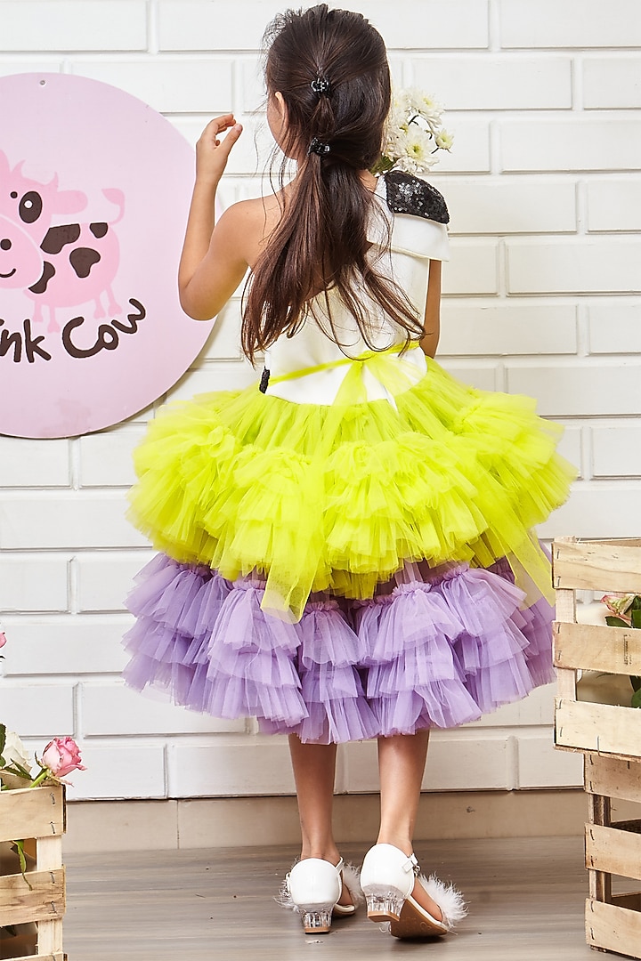 Multi-Colored Neoprene & Tulle One-Shoulder Dress For Girls by Pink Cow at Pernia's Pop Up Shop