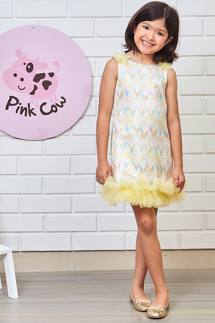 White & Yellow Net Embellished Dress For Girls by Pink Cow