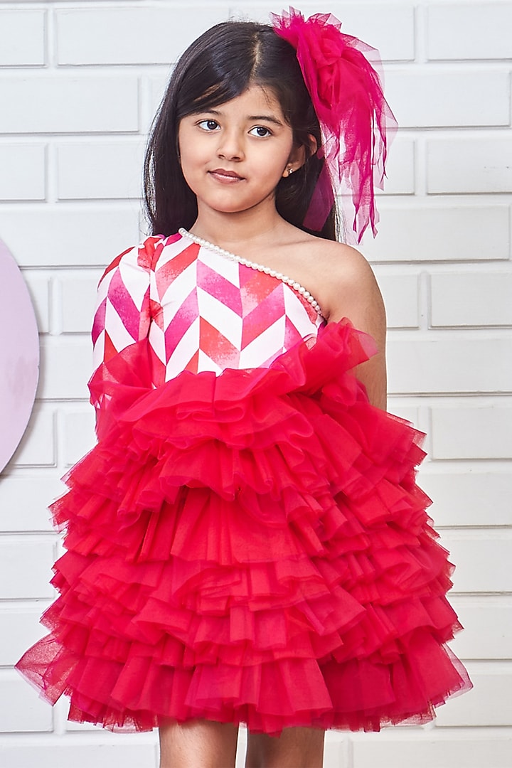 Red Scuba & Net One-Shoulder Ruffled Dress For Girls by Pink Cow at Pernia's Pop Up Shop