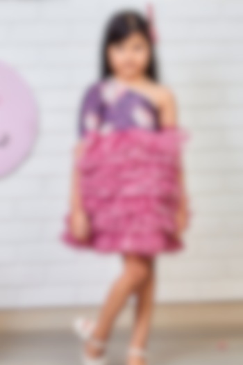 Purple Net One-Shoulder Printed & Ruffled Dress For Girls by Pink Cow at Pernia's Pop Up Shop