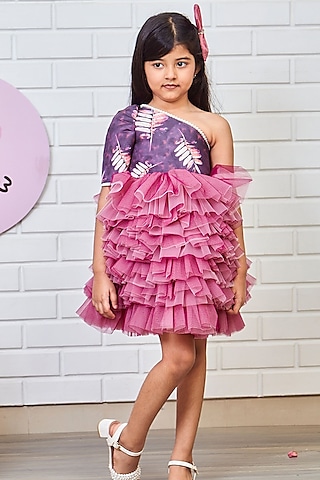 Purple Net One-Shoulder Printed & Ruffled Dress For Girls by Pink Cow