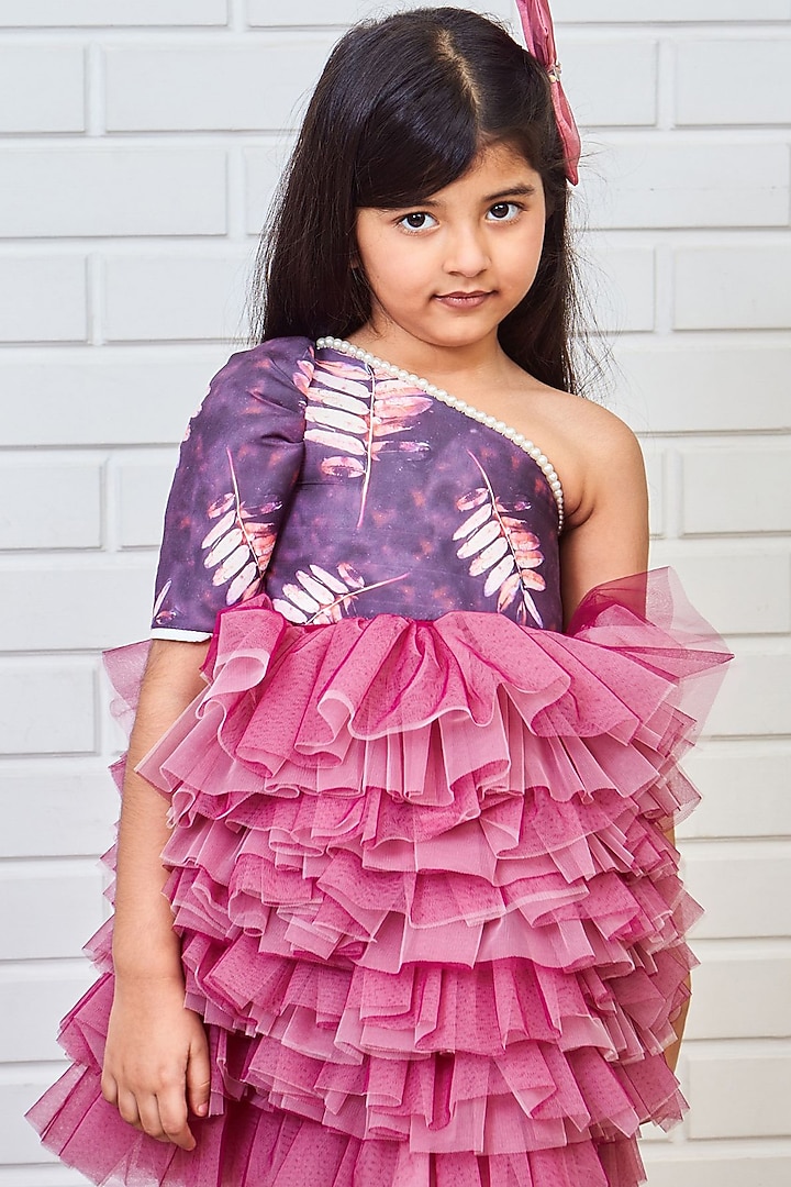 Purple Net One-Shoulder Printed & Ruffled Dress For Girls by Pink Cow at Pernia's Pop Up Shop
