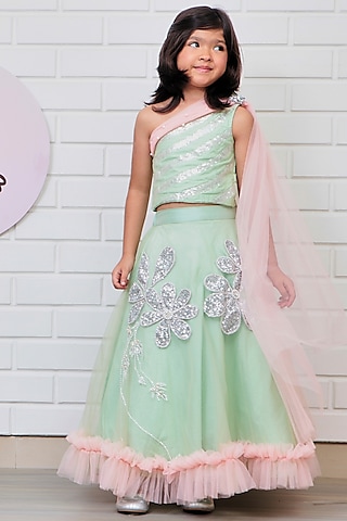 Pista Green Silk & Net Hand Embellished Frilled Lehenga Set For Girls by Pink Cow