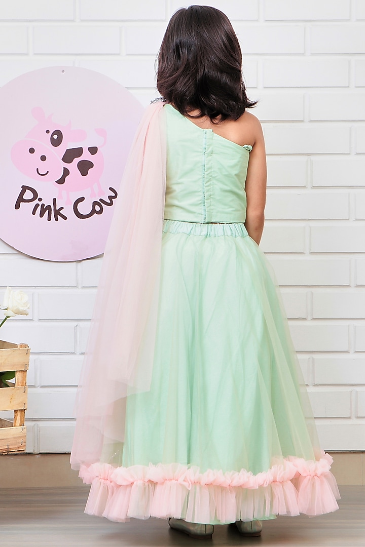 Pista Green Silk & Net Hand Embellished Frilled Lehenga Set For Girls by Pink Cow at Pernia's Pop Up Shop