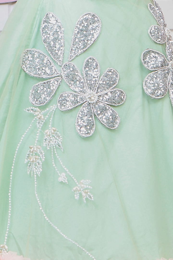 Pista Green Silk & Net Hand Embellished Frilled Lehenga Set For Girls by Pink Cow at Pernia's Pop Up Shop