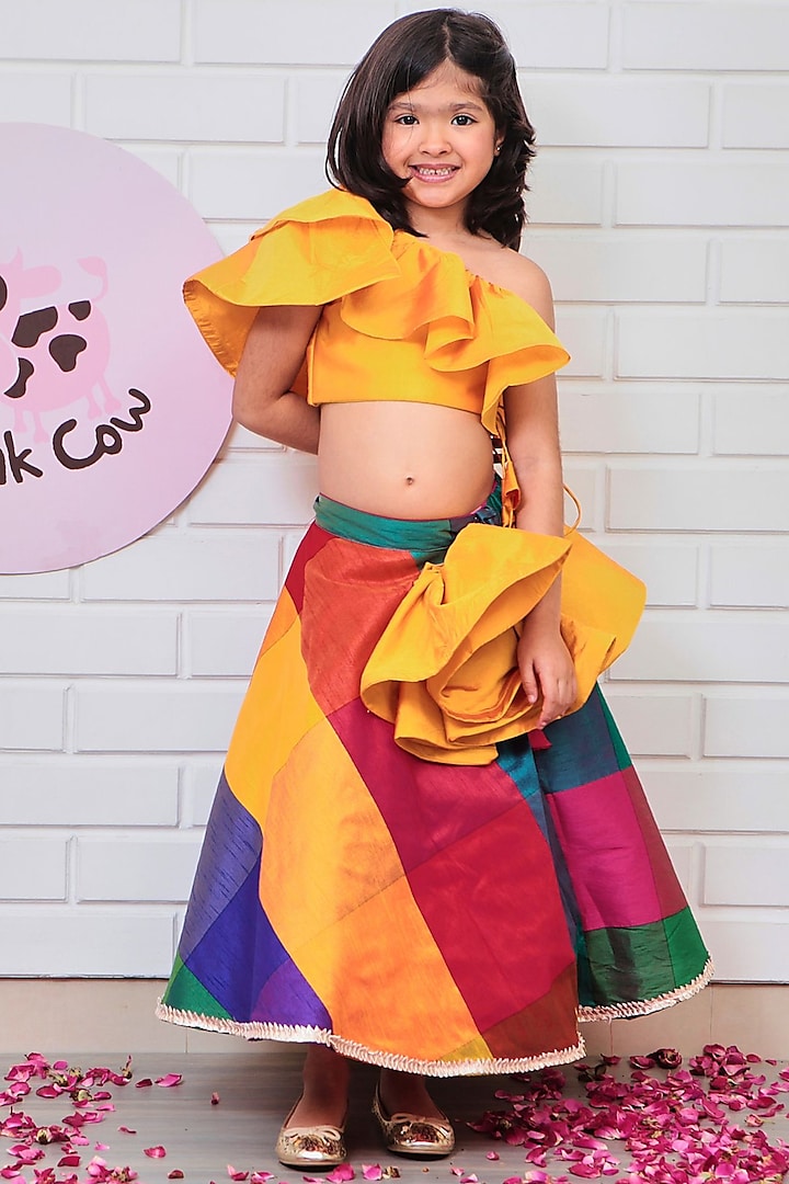 Multi-Colored Taffeta Ghaghra Set For Girls by Pink Cow at Pernia's Pop Up Shop