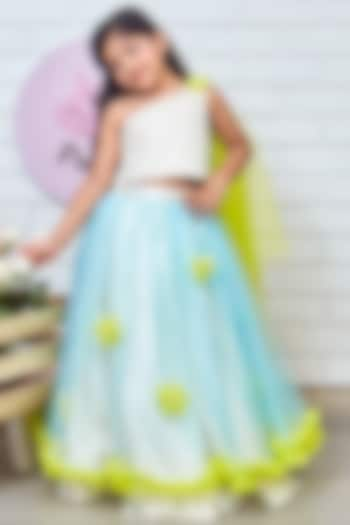 Sky Blue & Green Taffeta Ghagra Set For Girls by Pink Cow at Pernia's Pop Up Shop