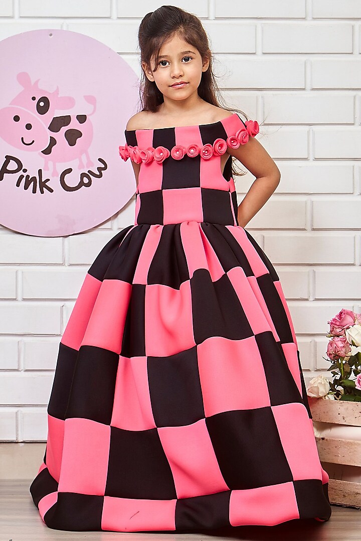 Black & Pink Neoprene Off-Shoulder Gown For Girls by Pink Cow