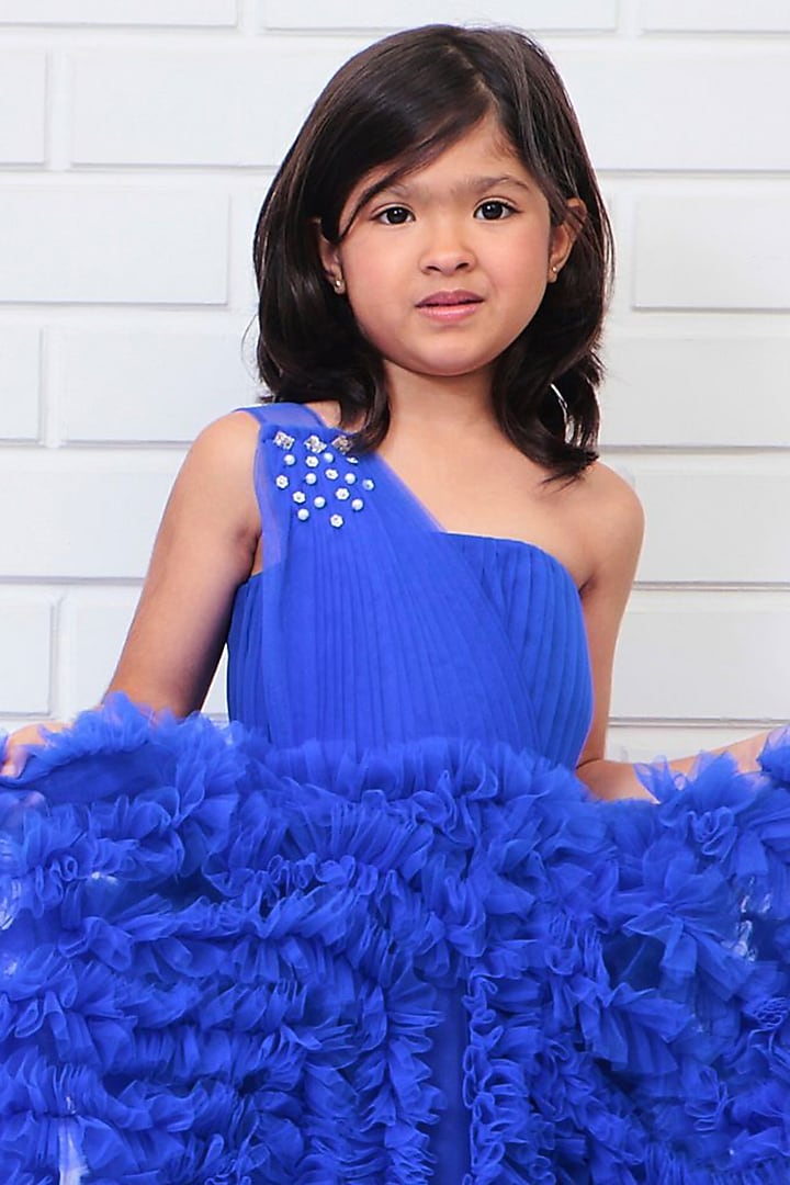 Royal Blue Tulle & Crepe One-Shoulder Gown For Girls by Pink Cow at Pernia's Pop Up Shop