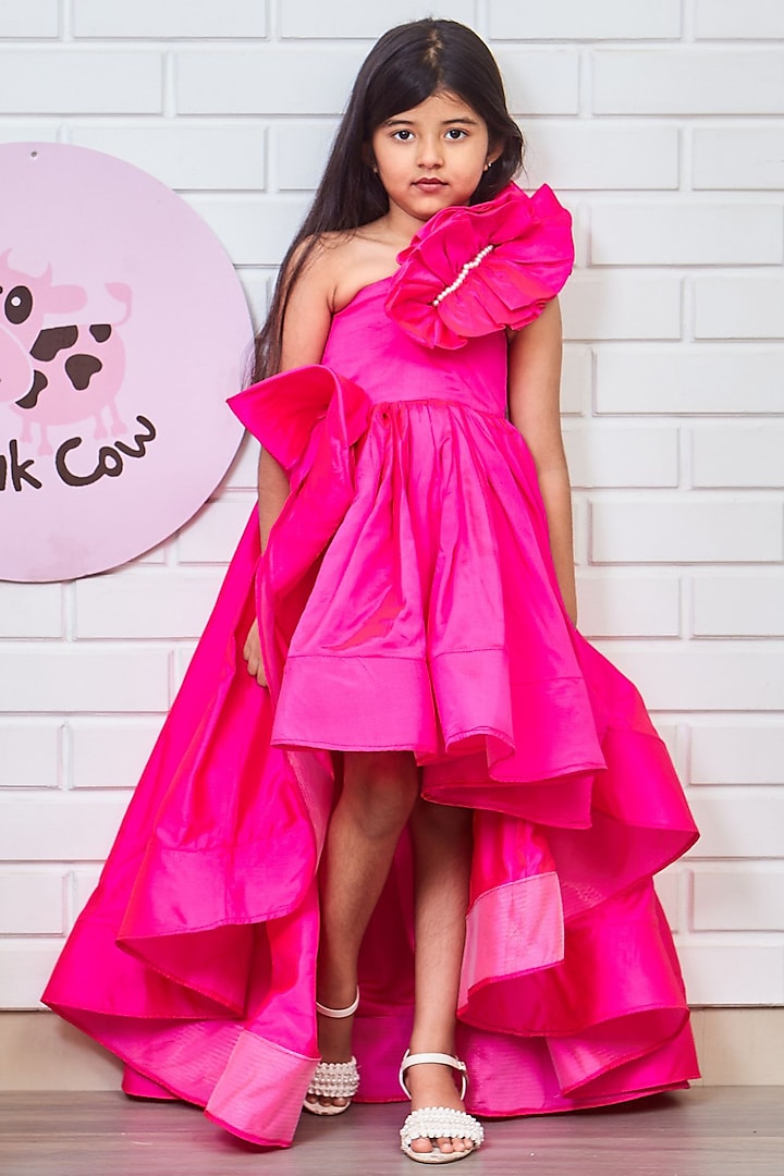 Pink Taffeta & Silk High-Low Draped Gown For Girls by Pink Cow