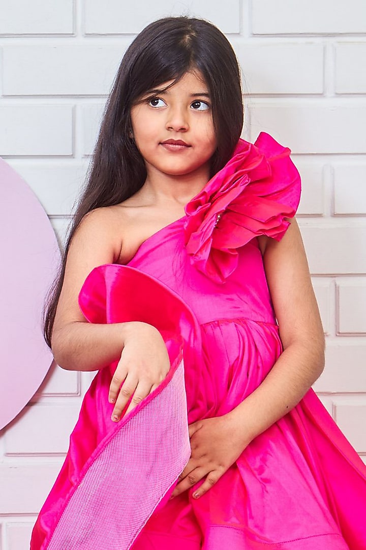 Pink Taffeta & Silk High-Low Draped Gown For Girls by Pink Cow at Pernia's Pop Up Shop