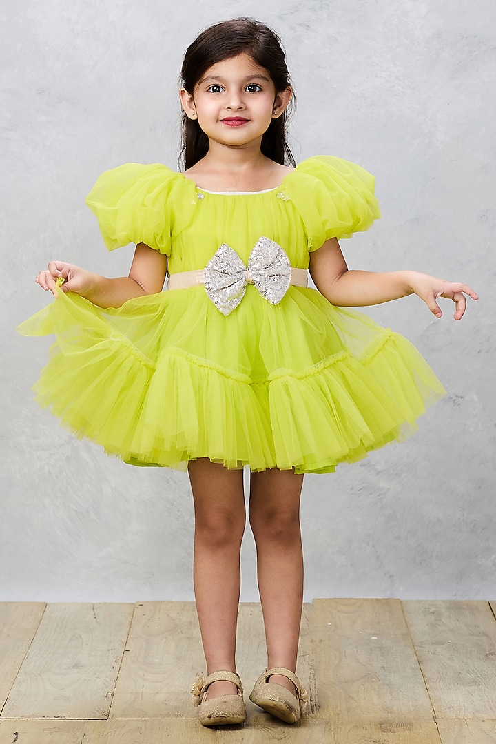 Green Buttercrepe & Net Bead Embroidered Ruffled Dress For Girls by Pink Cow at Pernia's Pop Up Shop