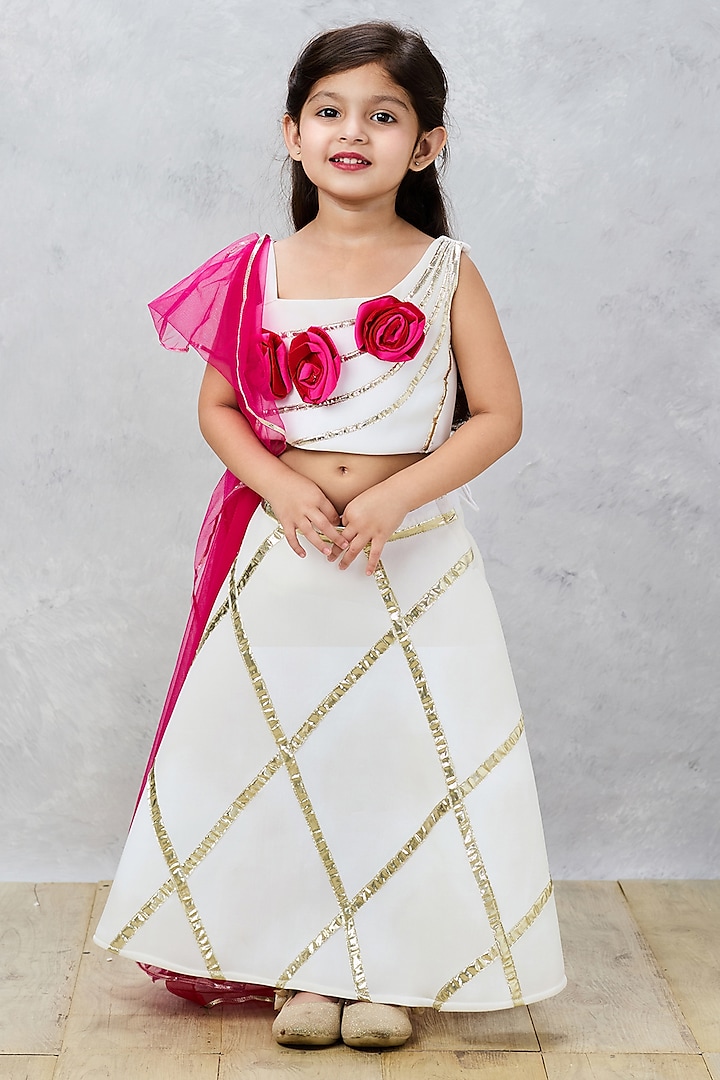 White & Pink Neoprene Gota Lace Embellished Lehenga Set For Girls by Pink Cow at Pernia's Pop Up Shop