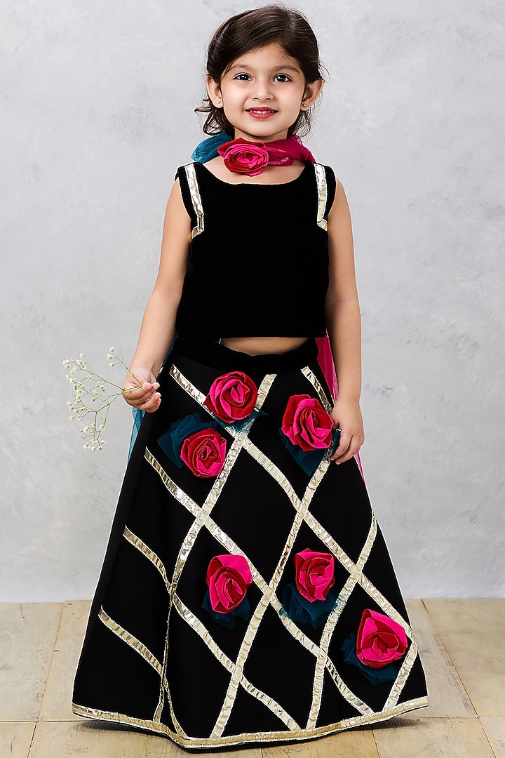 Black Scuba Gota Lace Work Lehenga Set For Girls by Pink Cow at Pernia's Pop Up Shop