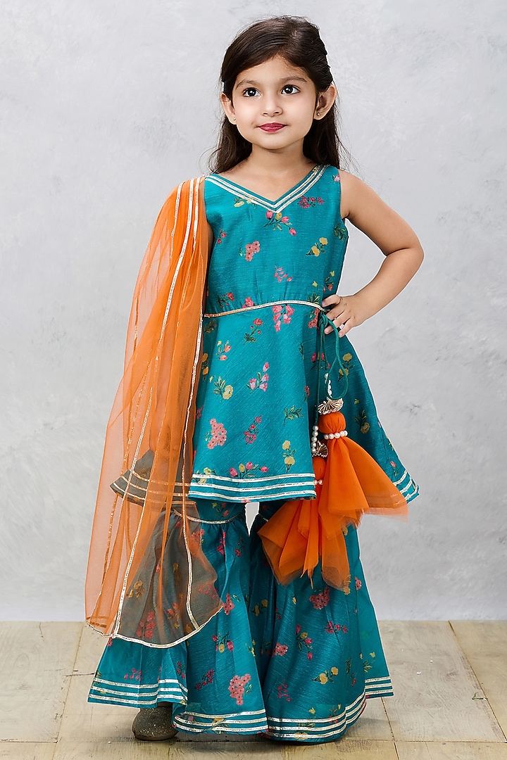 Green Cotton Sharara Set For Girls by Pink Cow at Pernia's Pop Up Shop