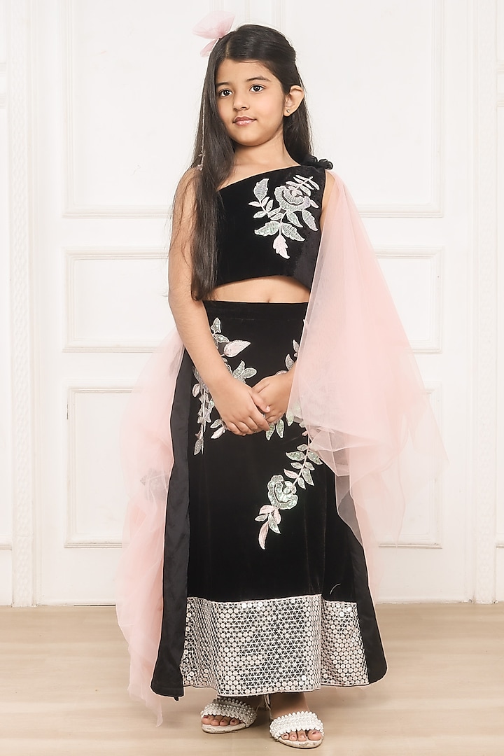 Black Velvet Floral Embellished Lehenga Set For Girls by Pink Cow