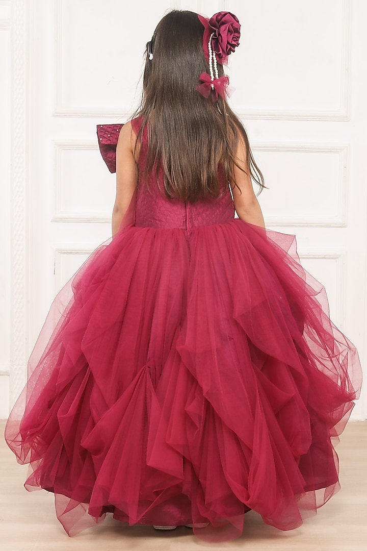 Maroon Raw Silk Flared Draped Gown For Girls by Pink Cow at Pernia's Pop Up Shop