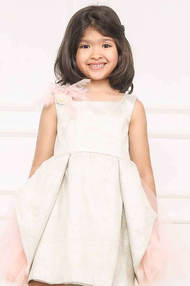 Off-White & Light Pink Crepe Dress For Girls by Pink Cow at Pernia's Pop Up Shop