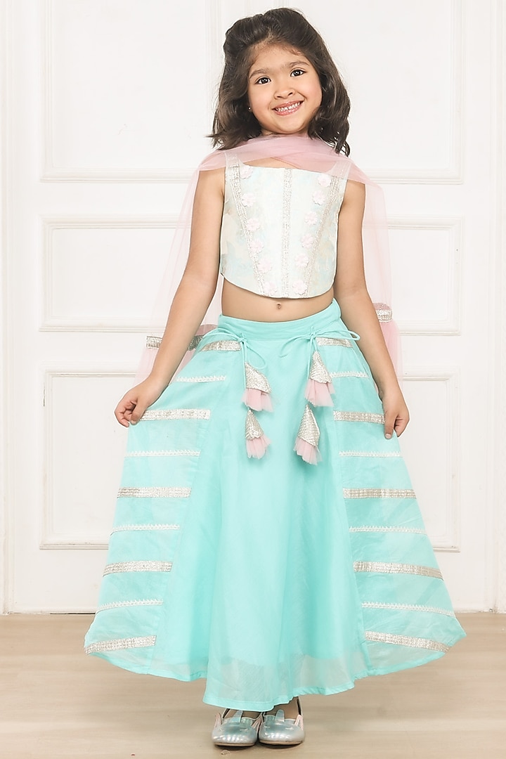 Sky Blue Chanderi Gota Patti Embellished Lehenga Set For Girls by Pink Cow at Pernia's Pop Up Shop