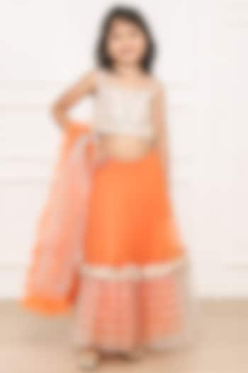 Orange Tulle Lace Embellished Lehenga Set For Girls by Pink Cow at Pernia's Pop Up Shop