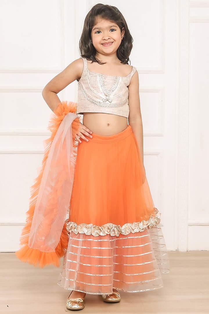 Orange Tulle Lace Embellished Lehenga Set For Girls by Pink Cow at Pernia's Pop Up Shop