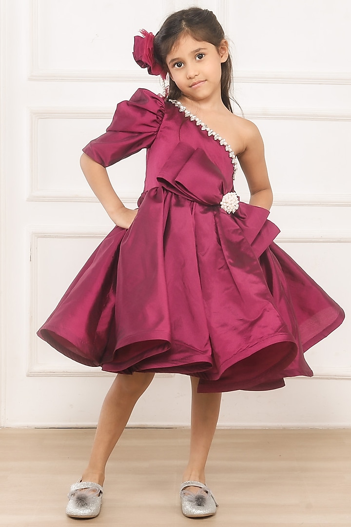 Wine Taffeta & Butter Crepe One-Shoulder Flared Dress For Girls by Pink Cow
