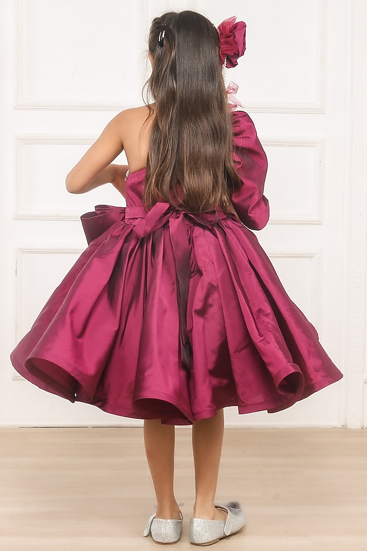 Wine Taffeta & Butter Crepe One-Shoulder Flared Dress For Girls by Pink Cow at Pernia's Pop Up Shop