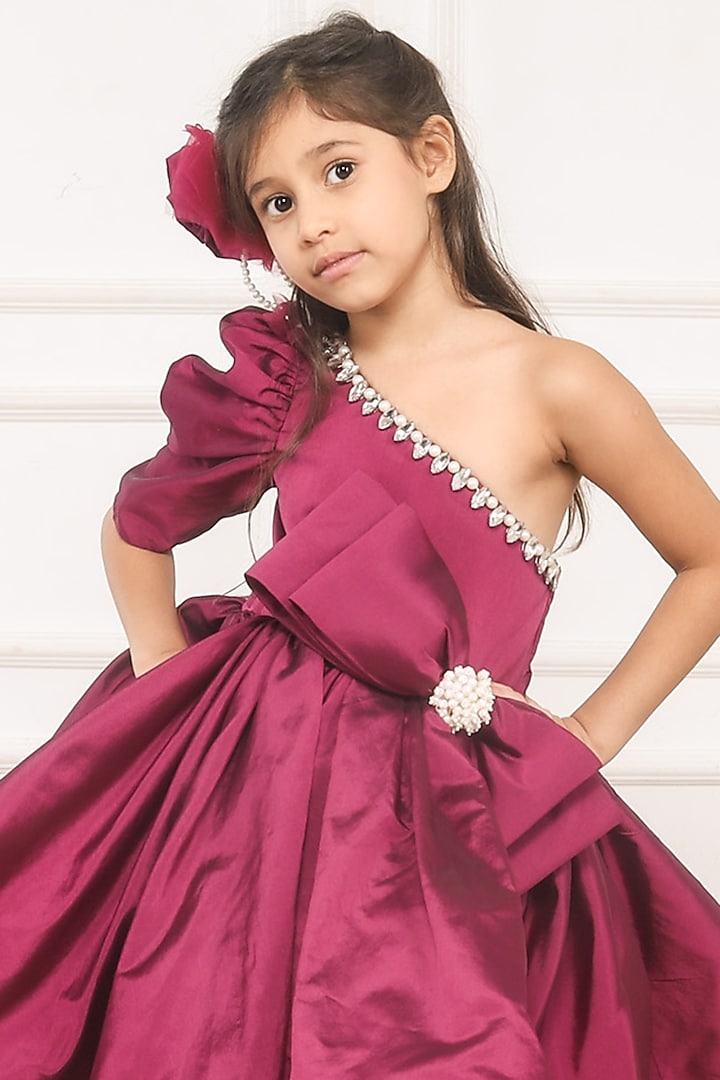 Wine Taffeta & Butter Crepe One-Shoulder Flared Dress For Girls by Pink Cow at Pernia's Pop Up Shop