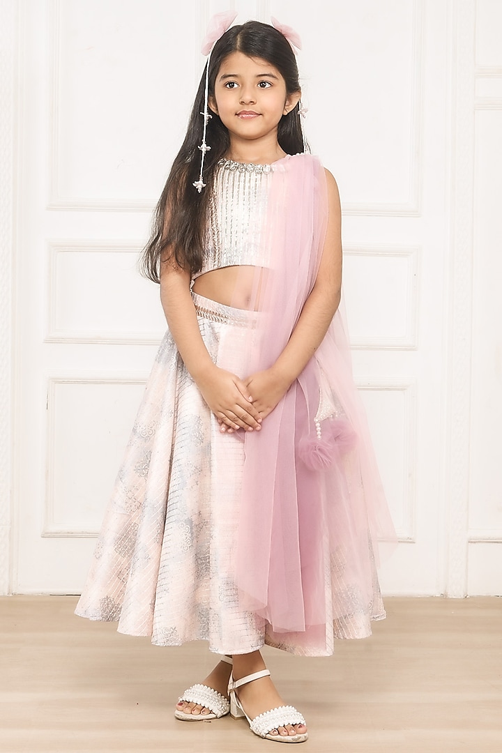 Light Grey Butter Crepe Printed & Embellished Lehenga Set for Girls by Pink Cow at Pernia's Pop Up Shop