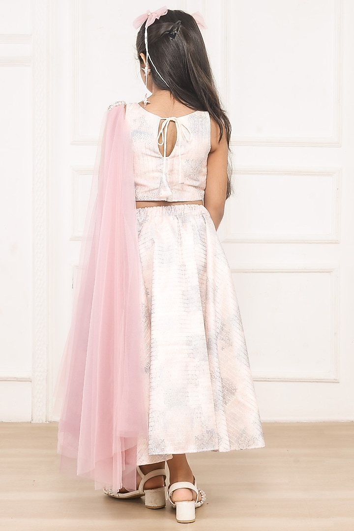 Light Grey Butter Crepe Printed & Embellished Lehenga Set for Girls by Pink Cow at Pernia's Pop Up Shop