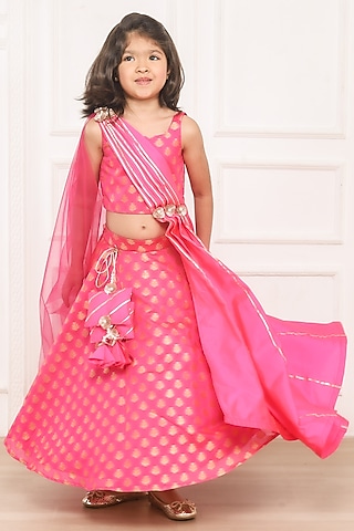 Pink Brocade Lehenga Set For Girls by Pink Cow