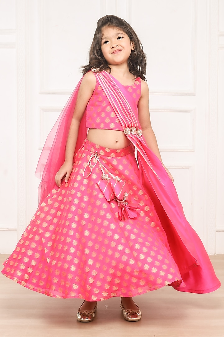 Pink Brocade Lehenga Set For Girls by Pink Cow at Pernia's Pop Up Shop