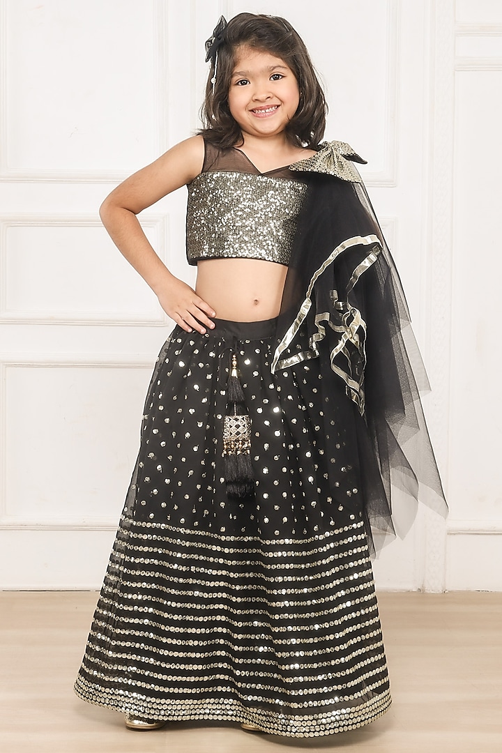 Black Taffeta & Net Sequins Embroidered Lehenga Set For Girls by Pink Cow at Pernia's Pop Up Shop