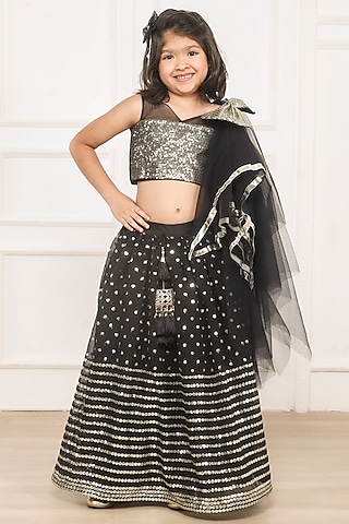 Black Taffeta & Net Sequins Embroidered Lehenga Set For Girls by Pink Cow