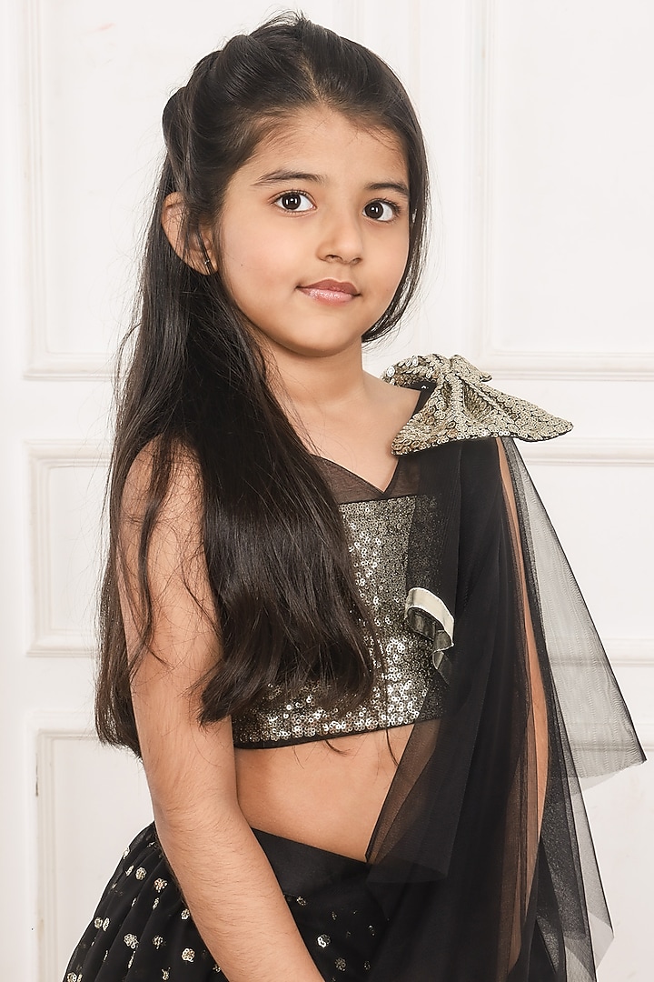 Black Taffeta & Net Sequins Embroidered Lehenga Set For Girls by Pink Cow at Pernia's Pop Up Shop