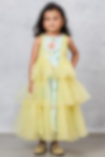 Yellow Crepe & Net Floral Embroidered Frilled Dress For Girls by Pink Cow at Pernia's Pop Up Shop