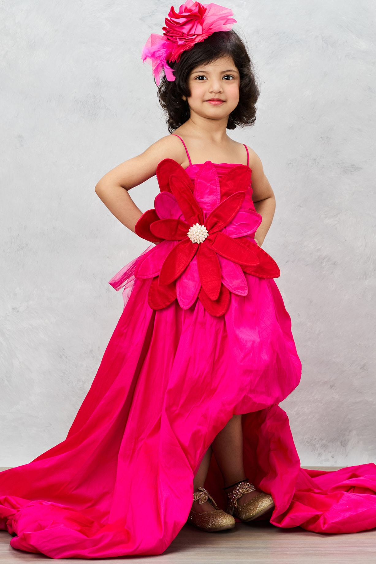 Candy Pink Taffeta Silk Crepe Floral Embellished Gown For Girls by Pink Cow  at Pernia's Pop Up Shop