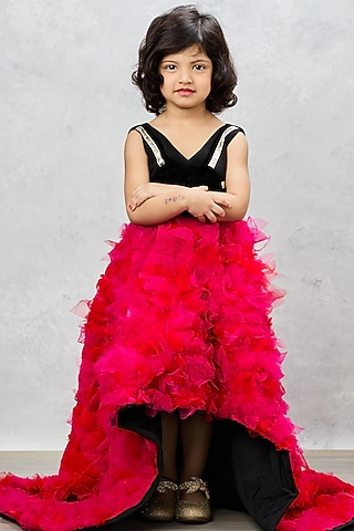 Black & Pink Taffeta Silk Crepe Lace Embellished High-Low Gown For Girls by Pink Cow
