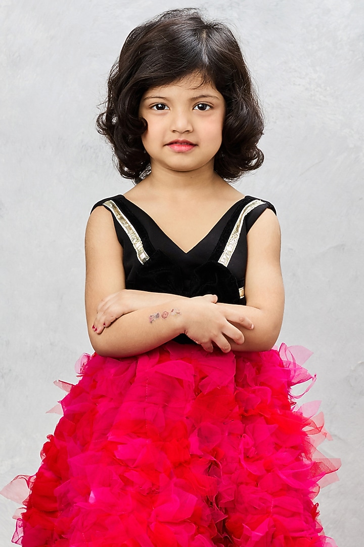 Black & Pink Taffeta Silk Crepe Lace Embellished High-Low Gown For Girls by Pink Cow at Pernia's Pop Up Shop