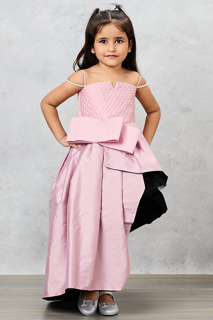 Old Rose Pink Taffeta Silk Crepe Quilted Gown For Girls by Pink Cow at Pernia's Pop Up Shop