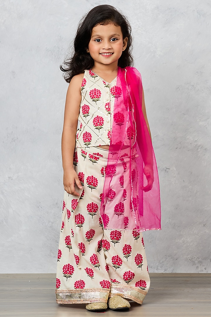 White & Pink Khadi Block printed Gharara Set by Pink Cow at Pernia's Pop Up Shop