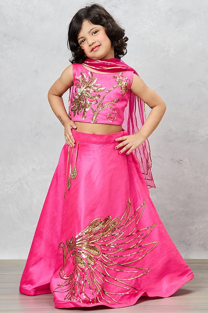 Pink Raw Silk Hand Embroidered Lehenga Set For Girls by Pink Cow at Pernia's Pop Up Shop