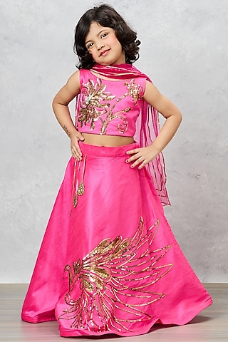 Pink Raw Silk Hand Embroidered Lehenga Set For Girls by Pink Cow